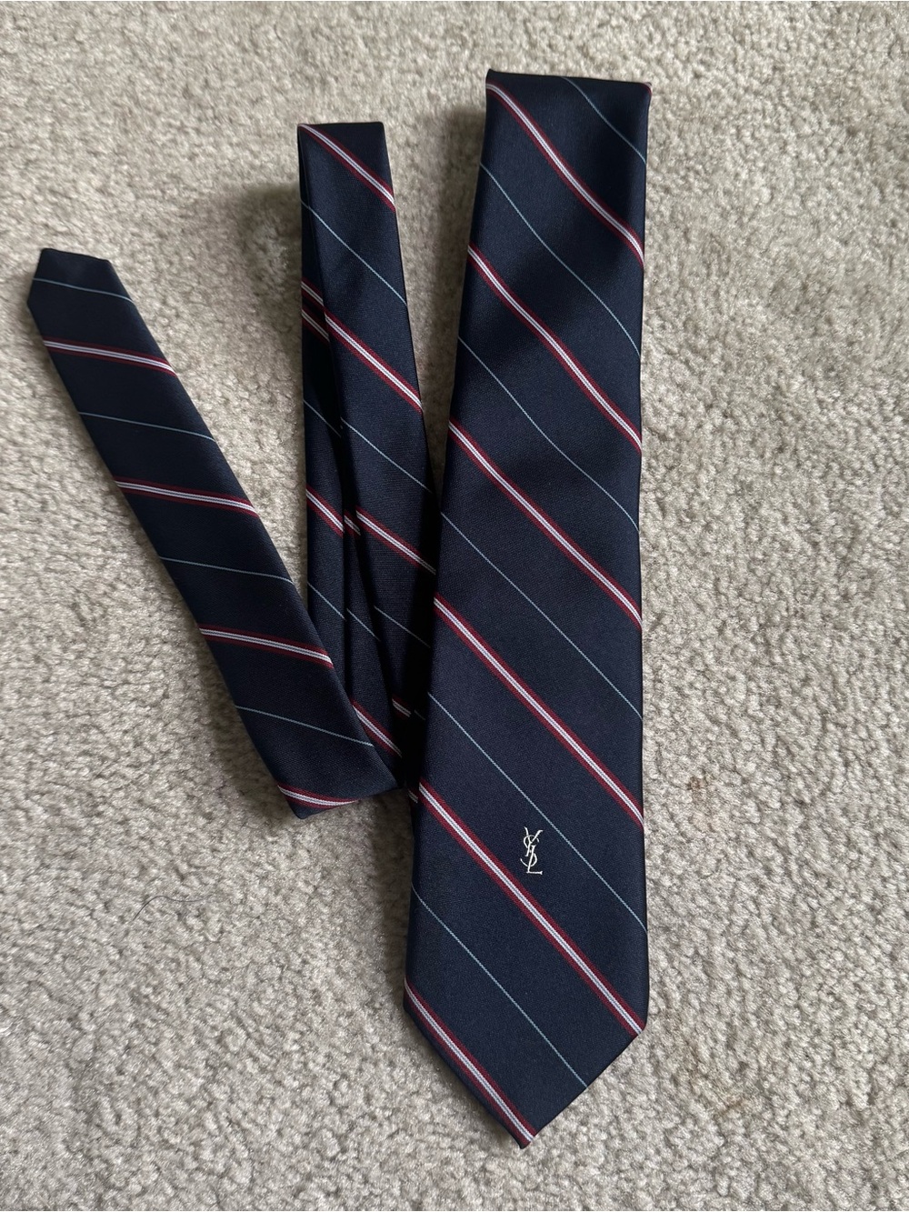 Vintage YSL Yves Saint Laurent Navy Blue Red Tie Stripes Logo 3" Wide Necktie